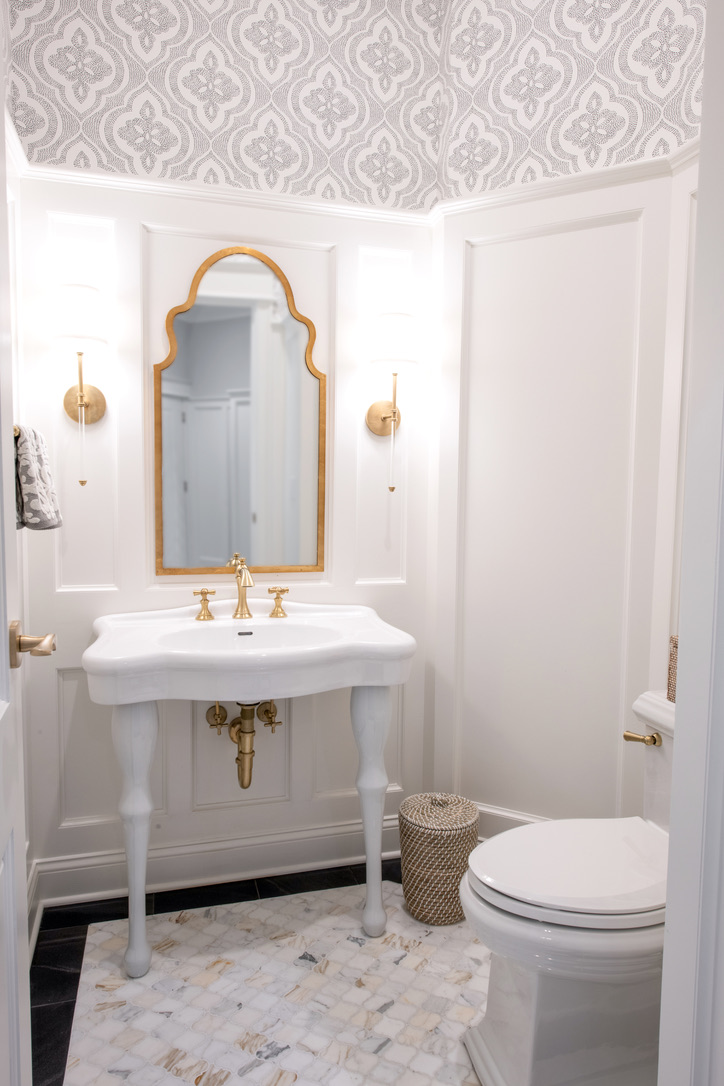 Bathroom_Fairport_NY_Powder_Room_Wainscoting_Marbel_Tile_Satin_Brass_Pedestal_Sink