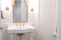 Bathroom_Fairport_NY_Powder_Room_Wainscoting_Marbel_Tile_Satin_Brass_Pedestal_Sink